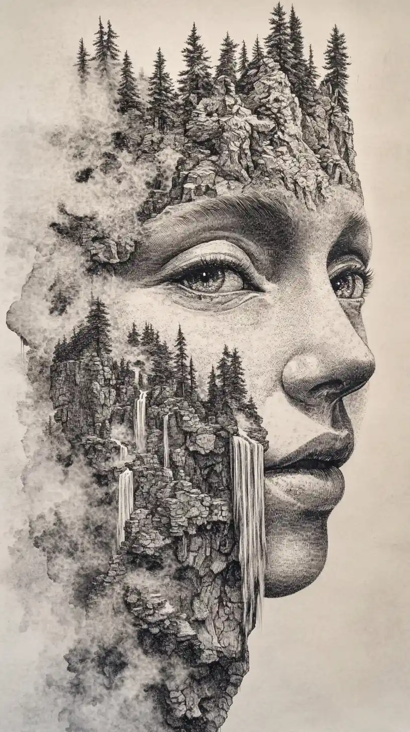 A hidden face emerges from mountain ridges, waterfalls, and forests