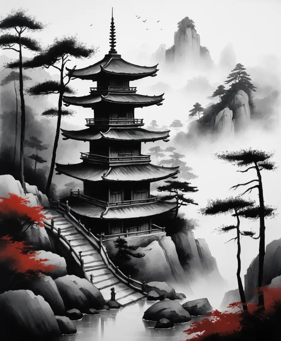 Una pagoda de madera emerge entre la niebla sobre una tranquila ladera