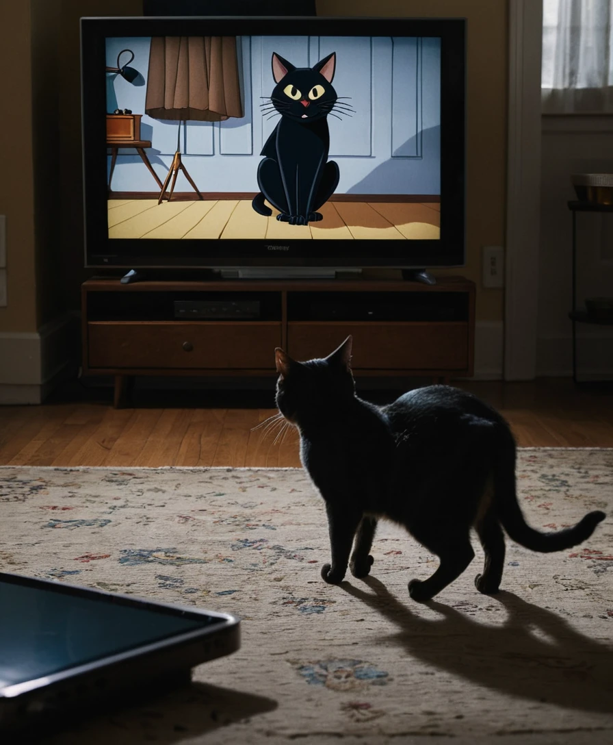 Un chat noir rôde dans un salon sombre