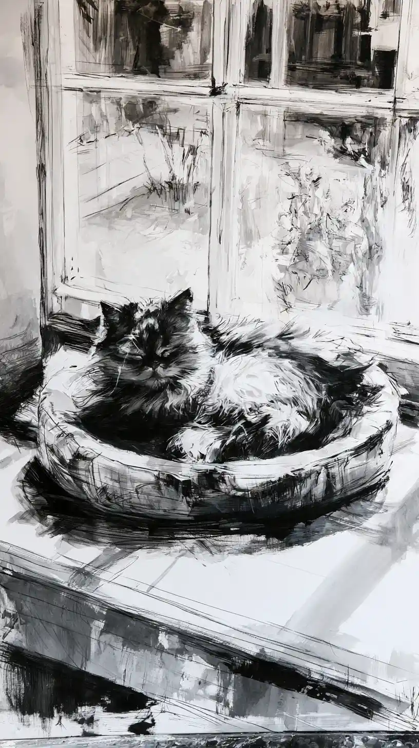 A fluffy Persian cat sleeps in a basket beside a sunlit window