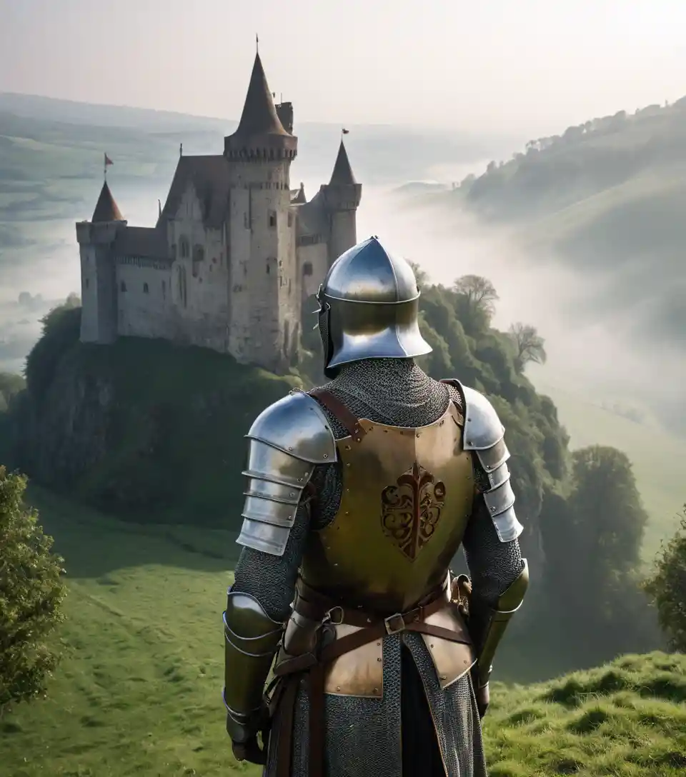 A medieval knight looks down into a misty valley toward a castle
