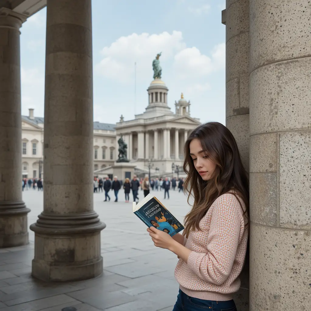 Una joven lee junto a una columna de piedra en Trafalgar Square