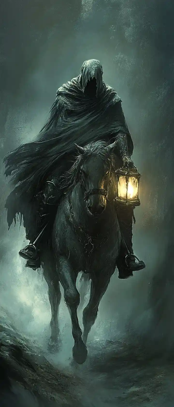 Un caballero encapuchado cabalga una montura espectral por un paisaje neblinoso en ruinas