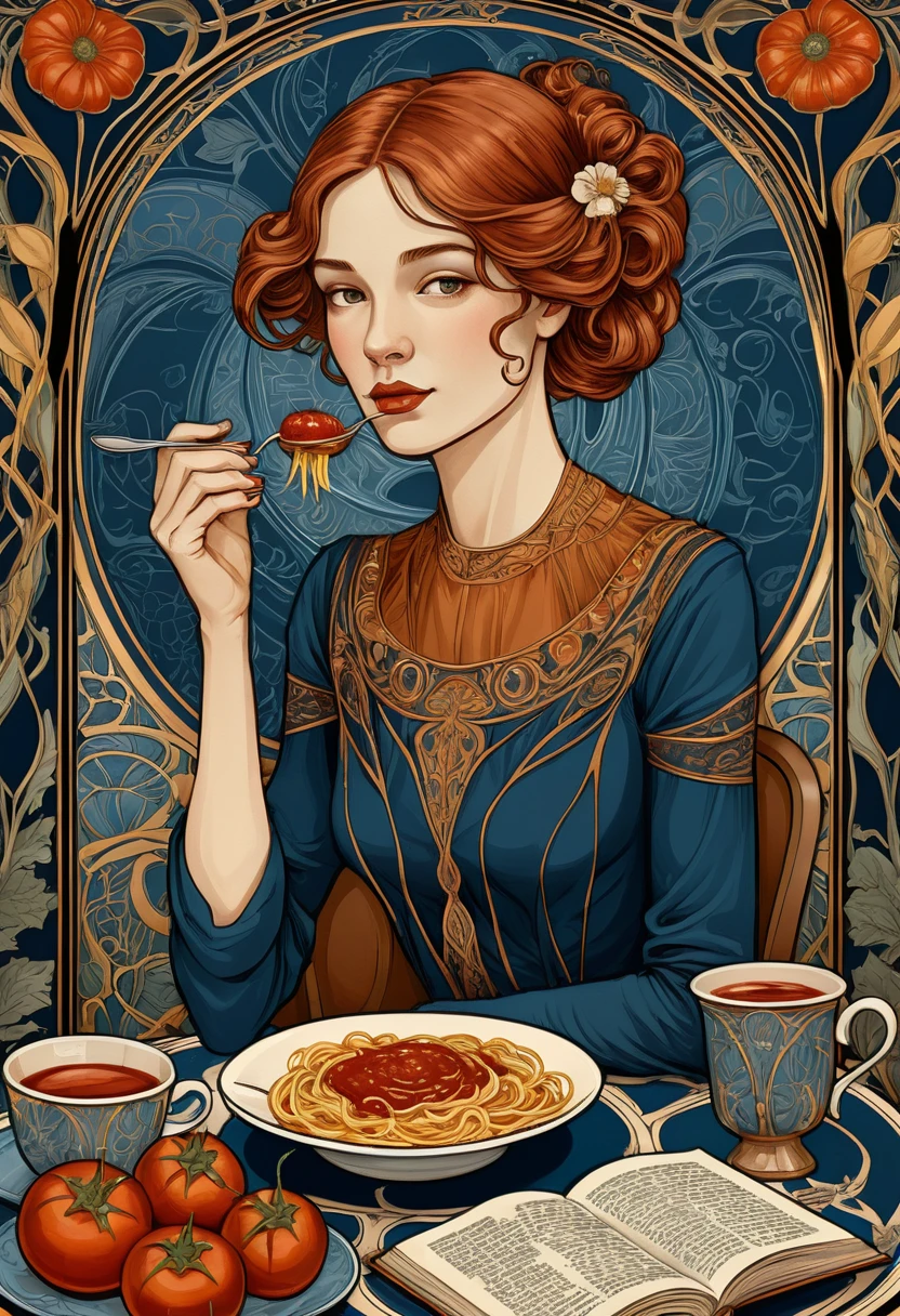 Una donna mangia spaghetti in un caffè in stile Art Nouveau