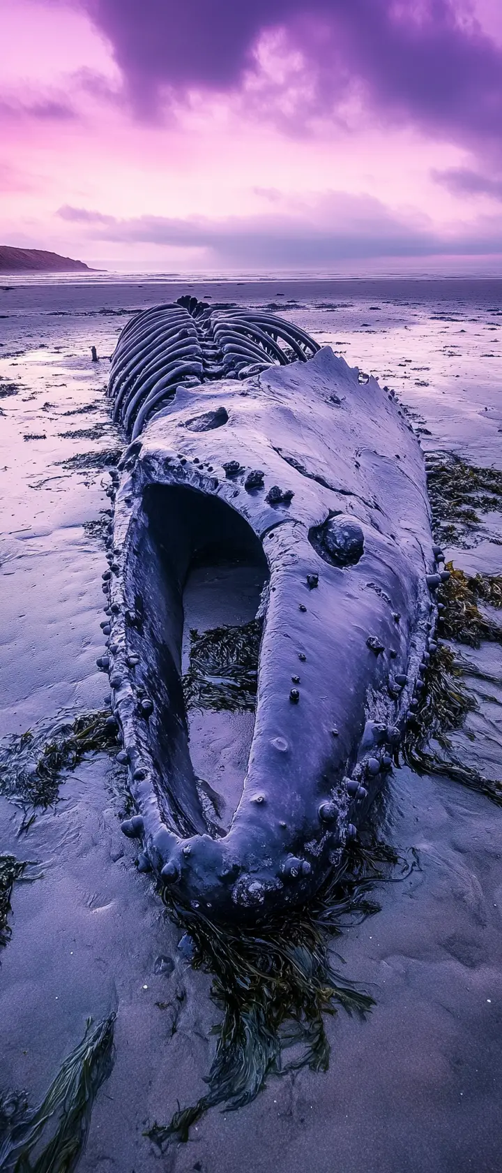 A colossal whale skeleton rests on a desolate beach