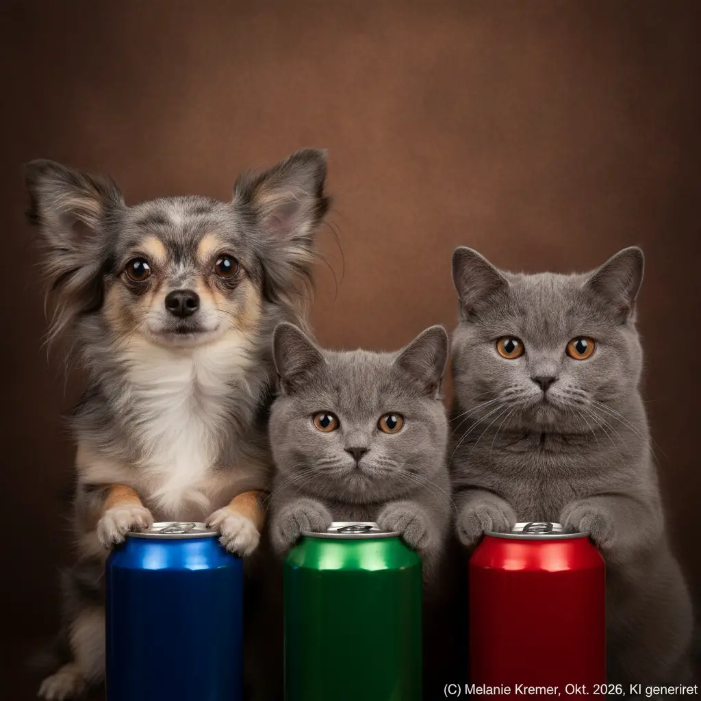 Three Curious Pets Rest Their Paws on Soda Cans in a Cozy Studio