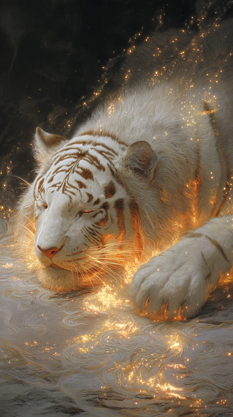 Un tigre blanco colosal descansa bajo un antiguo cielo nocturno chino