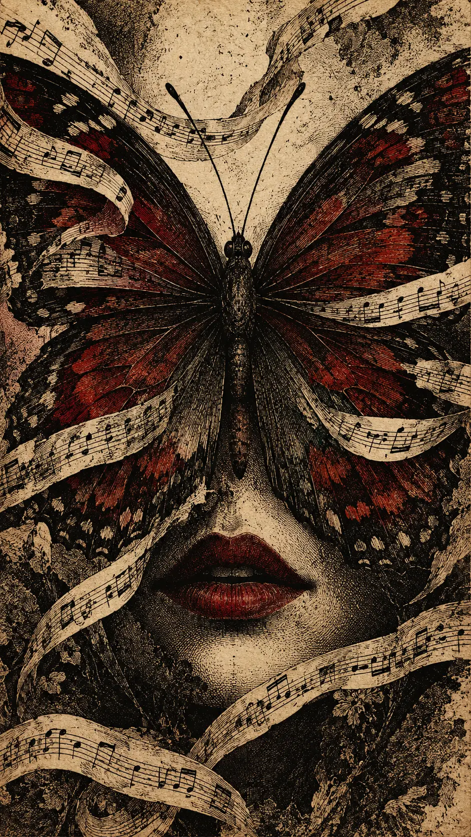 Una mariposa emerge de antiguas partituras en un grabado surrealista