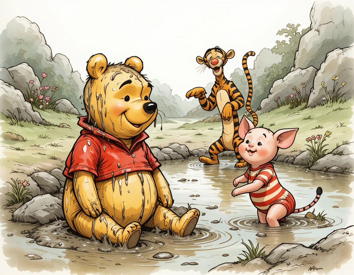 Winnie the Pooh y sus amigos juegan en un charco de barro