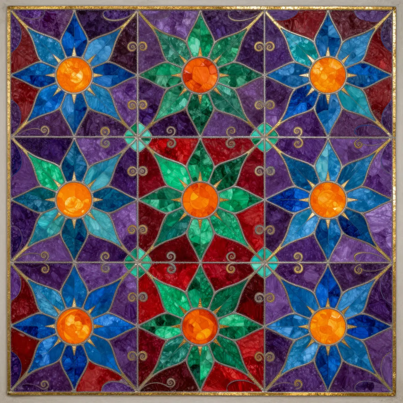 Mosaico floral simétrico en tonos de piedras preciosas con flores en forma de estrella