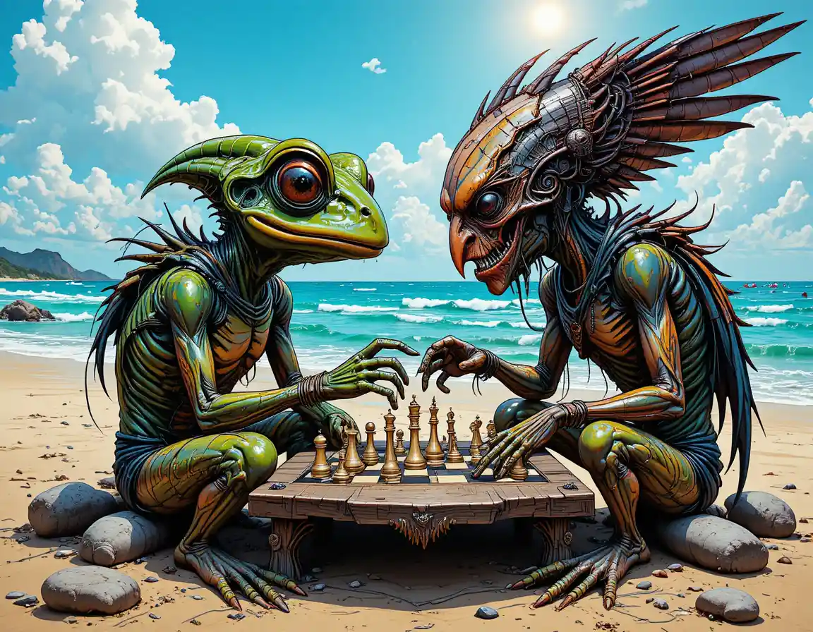 A frog-headed alien plays chess with an eagle-headed humanoid on a beach