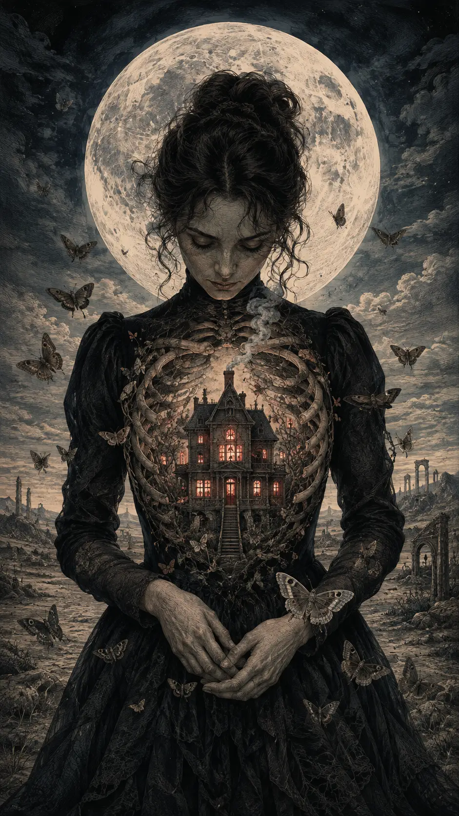 Una mujer lleva en el pecho una casa victoriana resplandeciente