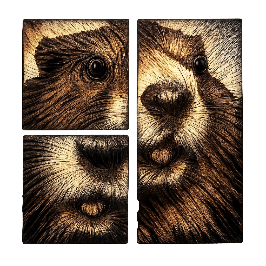 Retrato de una marmota dividido en cuatro paneles de grabado desgastados