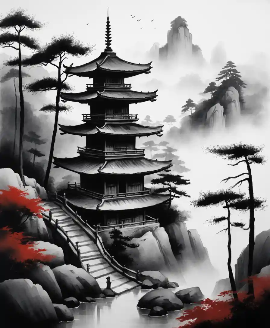 Una pagoda de madera emerge entre la niebla sobre una tranquila ladera