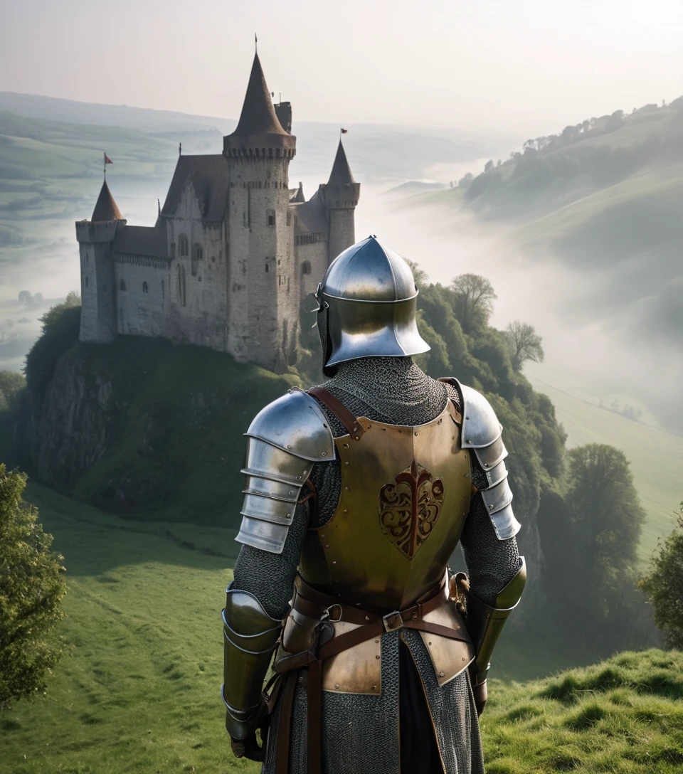 Un chevalier médiéval contemple une vallée brumeuse et un château