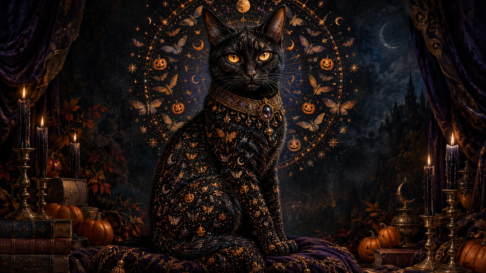 Un gato negro se sienta bajo un halo ornamentado de murciélagos, lunas, calabazas, polillas y estrellas