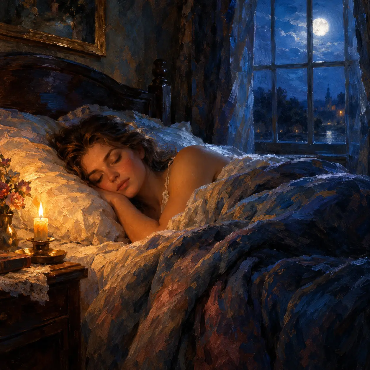 A sleeping woman rests beneath textured sheets in a moonlit bedchamber