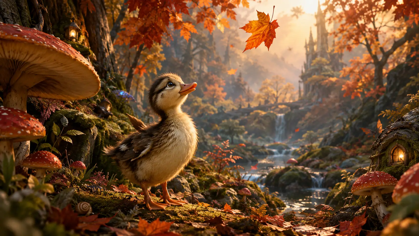 A young duck pauses beneath a falling maple leaf in an autumn forest