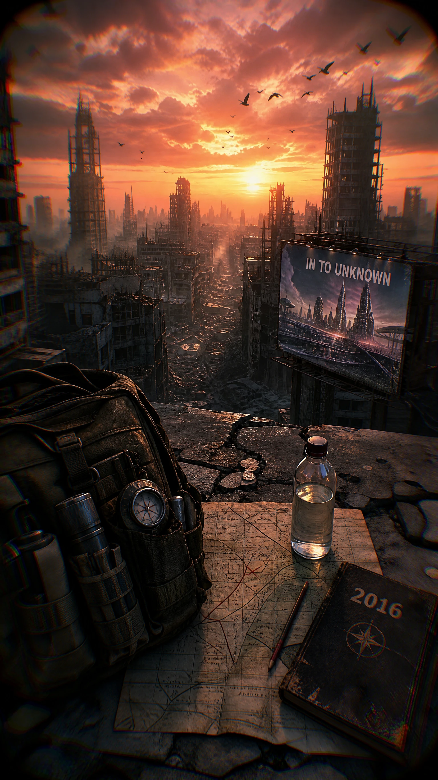 A first-person view across a ruined city from a crumbling rooftop