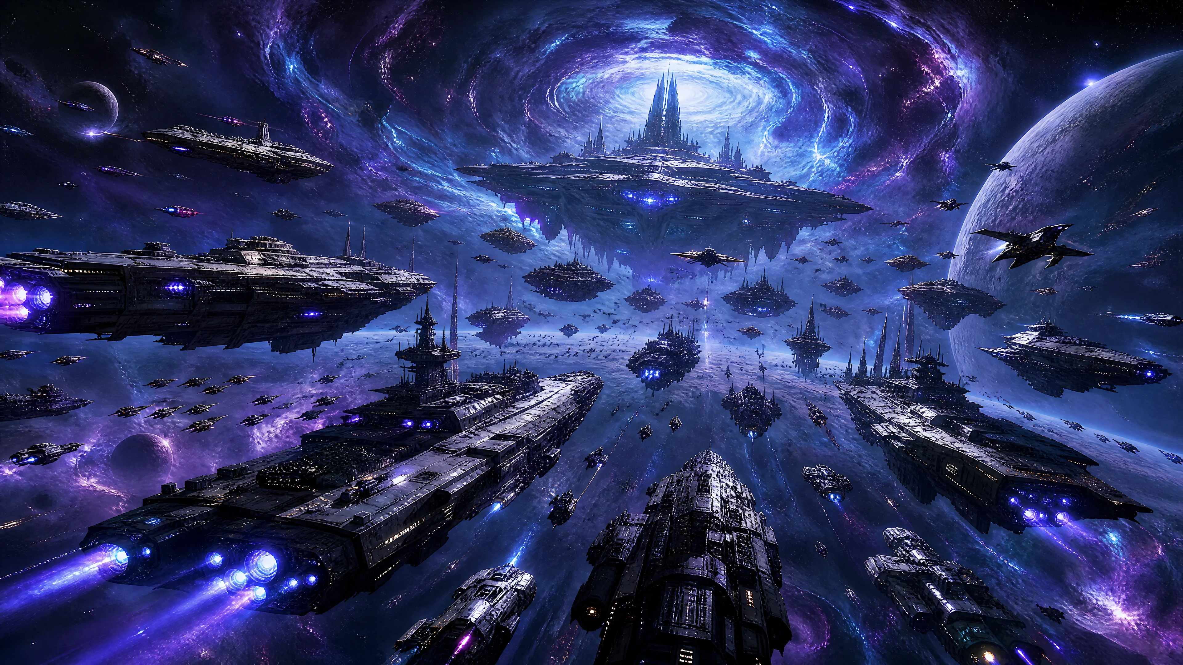 A vast space armada circles its command ship against a star-filled cosmic backdrop