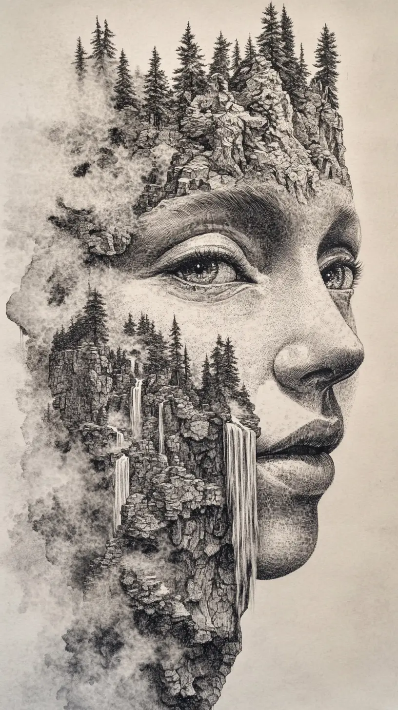 A hidden face emerges from mountain ridges, waterfalls, and forests