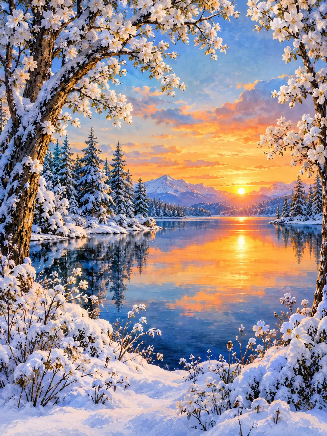 Pinos nevados rodean un lago reflectante en un paisaje invernal en acuarela