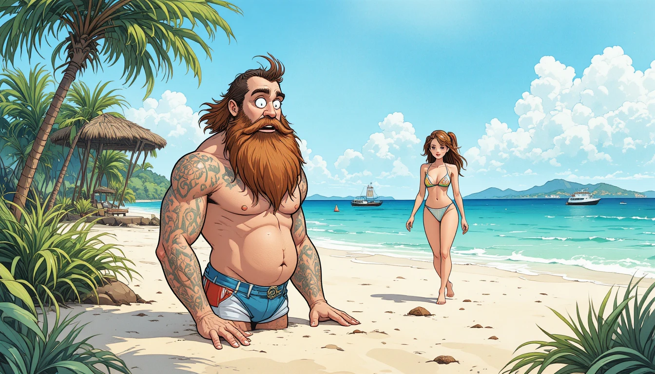 A bearded castaway stares in surprise as a woman arrives on the beach