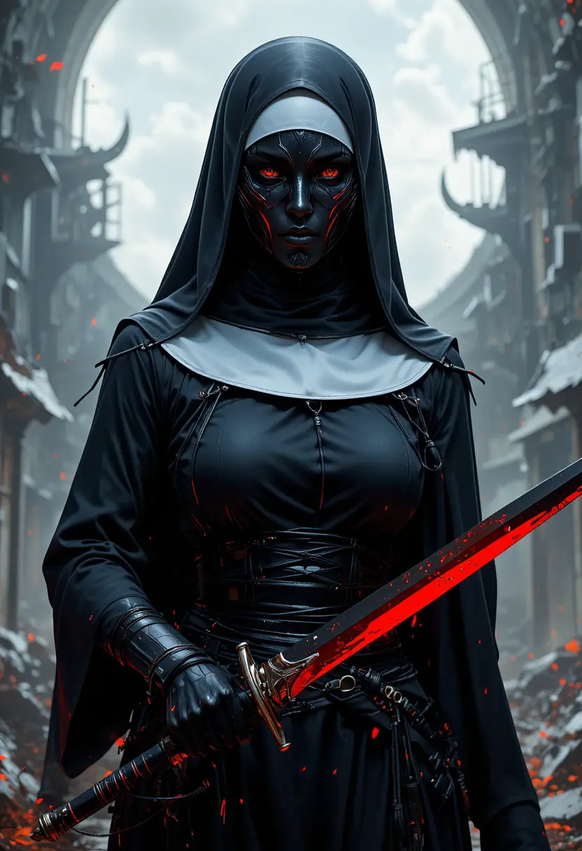 Una monja asesina de anime empuña una espada ancha ante un paisaje infernal