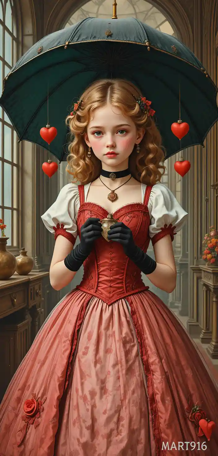 A Victorian girl holds a heart locket beneath a charm laden umbrella
