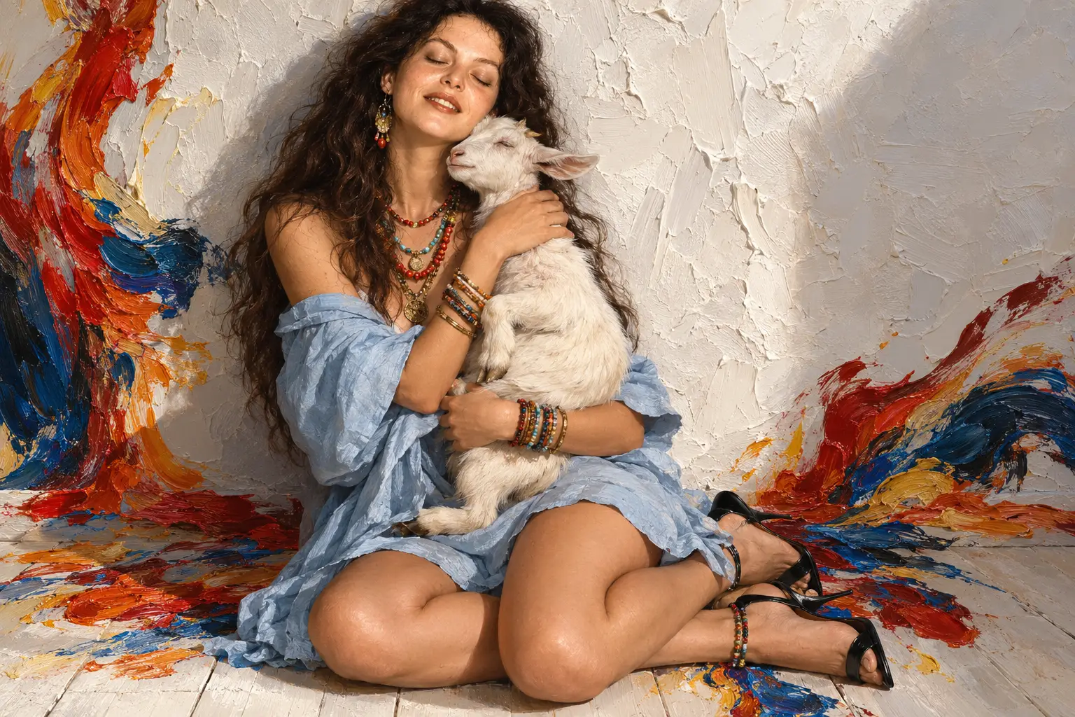 A Young Woman Holds a White Goat Against a Textured White Wall