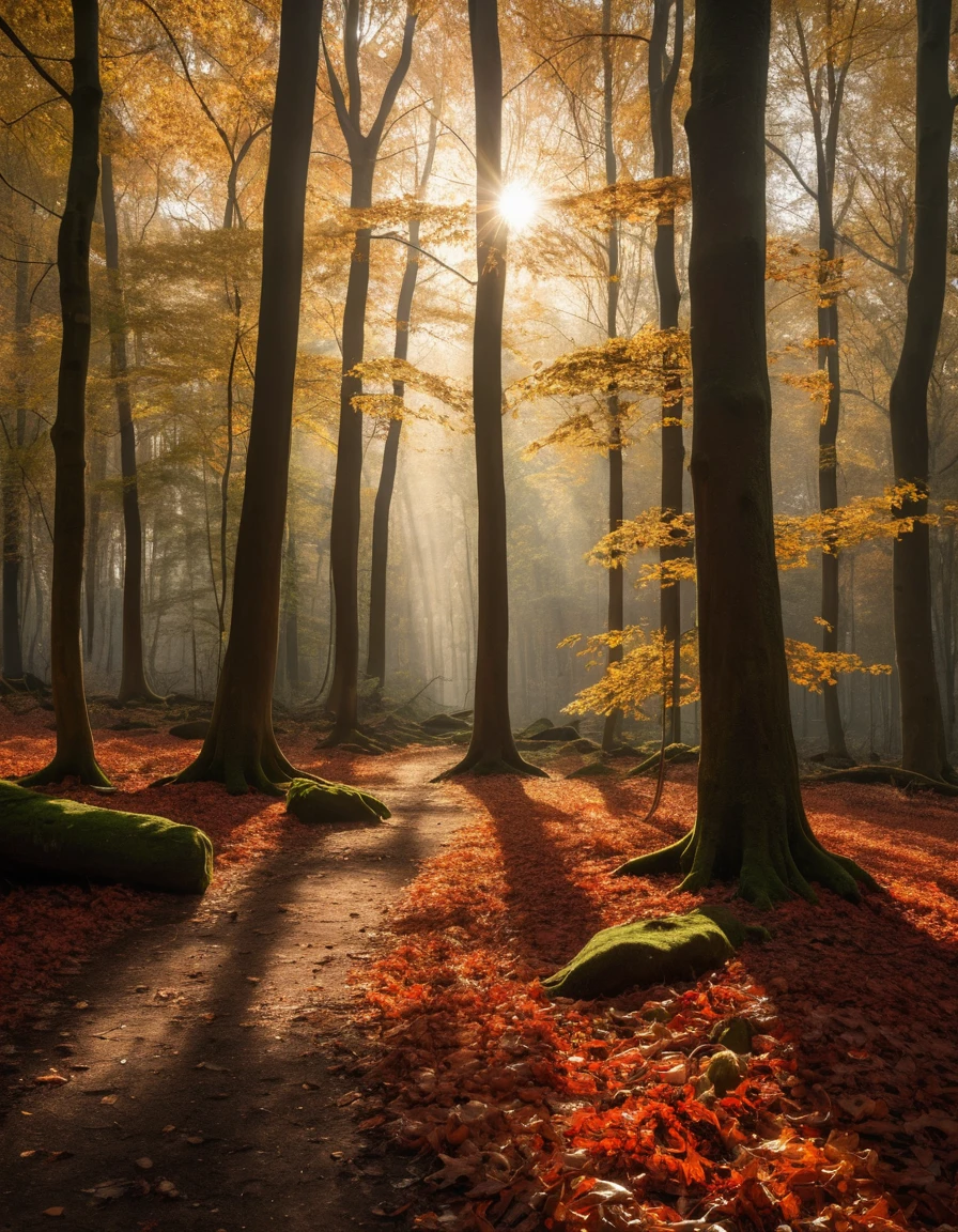 Golden Autumn Forest With Leaves Drifting Through Sunlit Beams