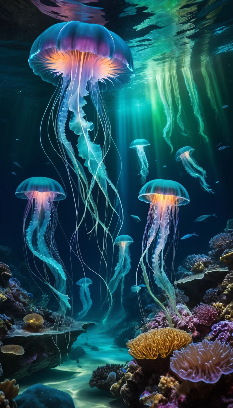 Ethereal light patterns flow across a glowing underwater ocean