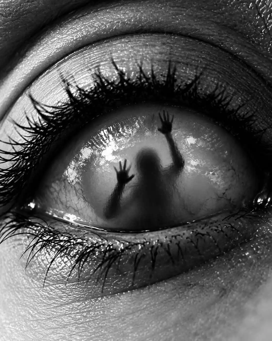 A surreal human eye reflects a tiny figure pressing against an invisible barrier