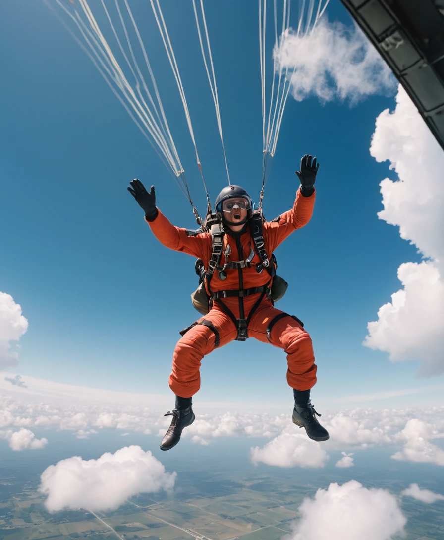 Skydiver in Freefall Beneath an Aircraft Against a Clouded Blue Sky