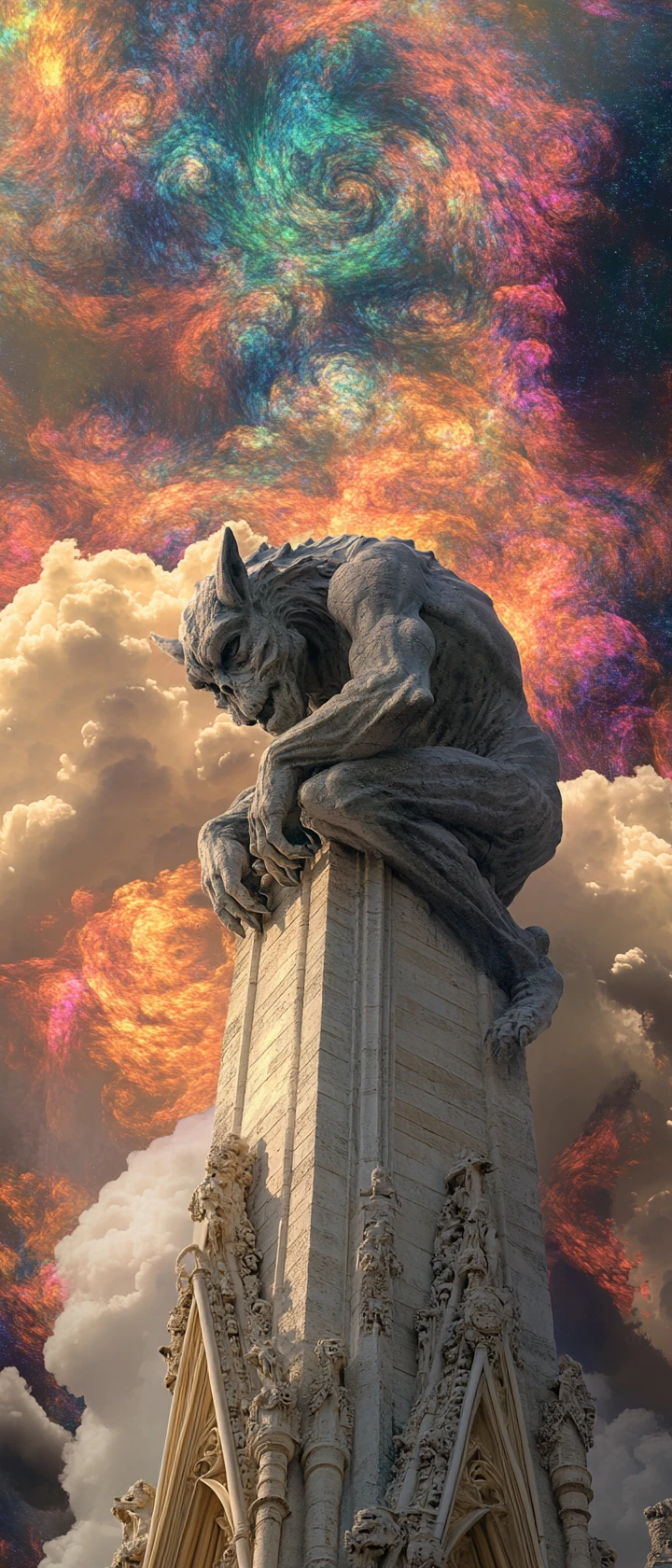 Una antigua gárgola se agazapa sobre una catedral gótica bajo un cielo psicodélico