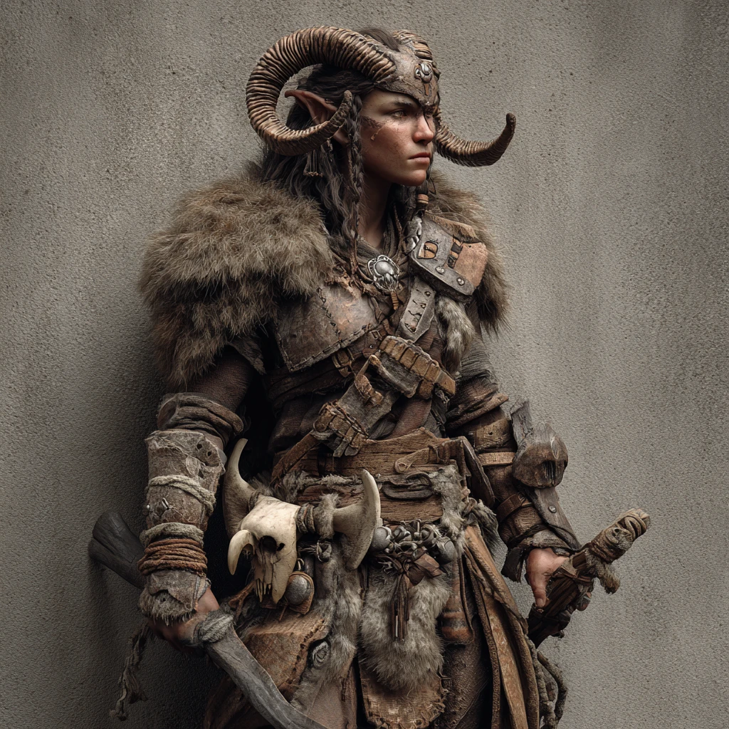 A tiefling barbarian with primitive bone weapons, leather, and fur