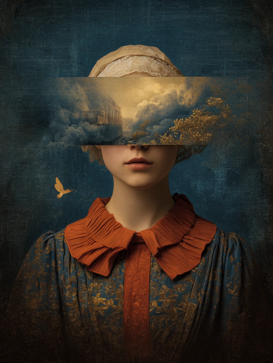 Eine surrealistische minimalistische Collage in tiefem Indigo und Orange-Rot