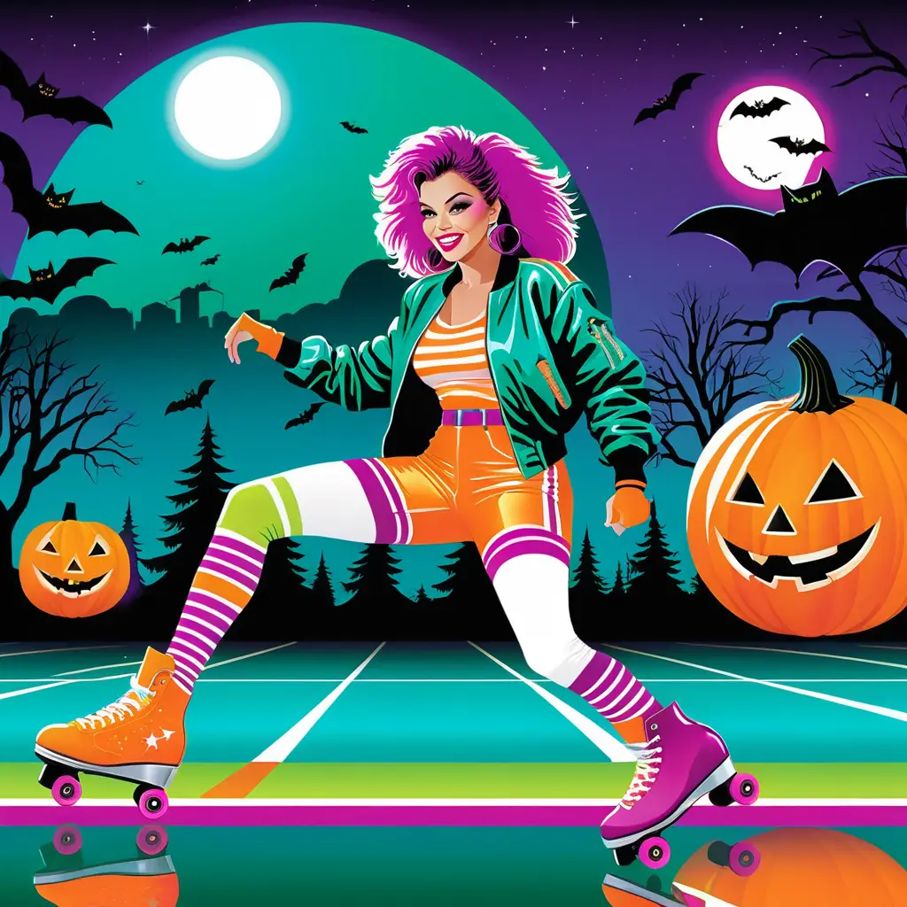 Mummy wobbles through a neon Halloween roller rink under disco lights