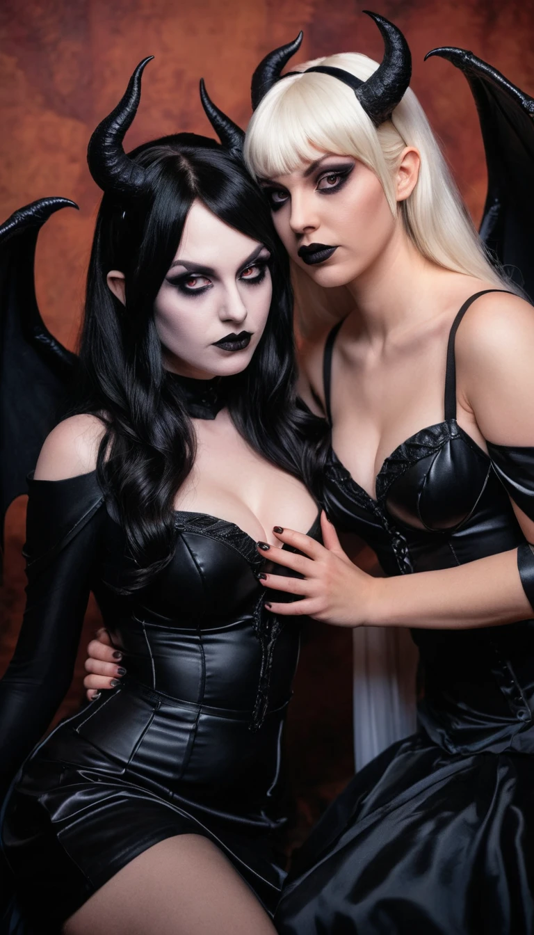Uma garota gótica com cosplay de súcubo se inclina sobre uma mulher adormecida