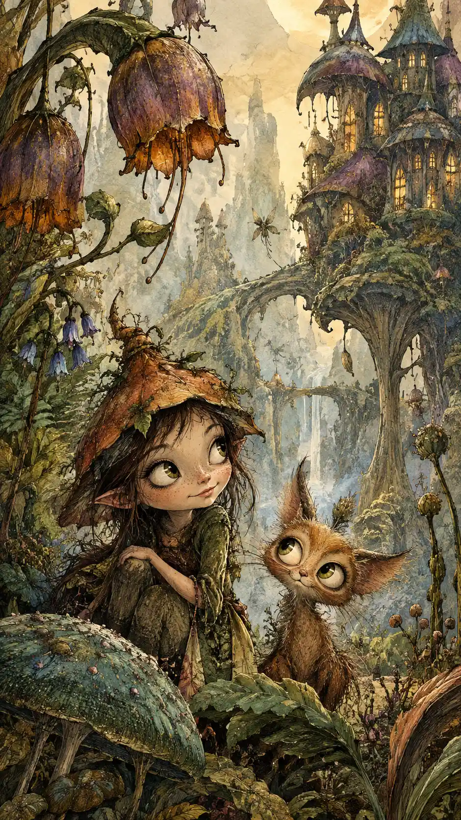 Personaggi fiabeschi del bosco dagli occhi enormi tra piante rigogliose