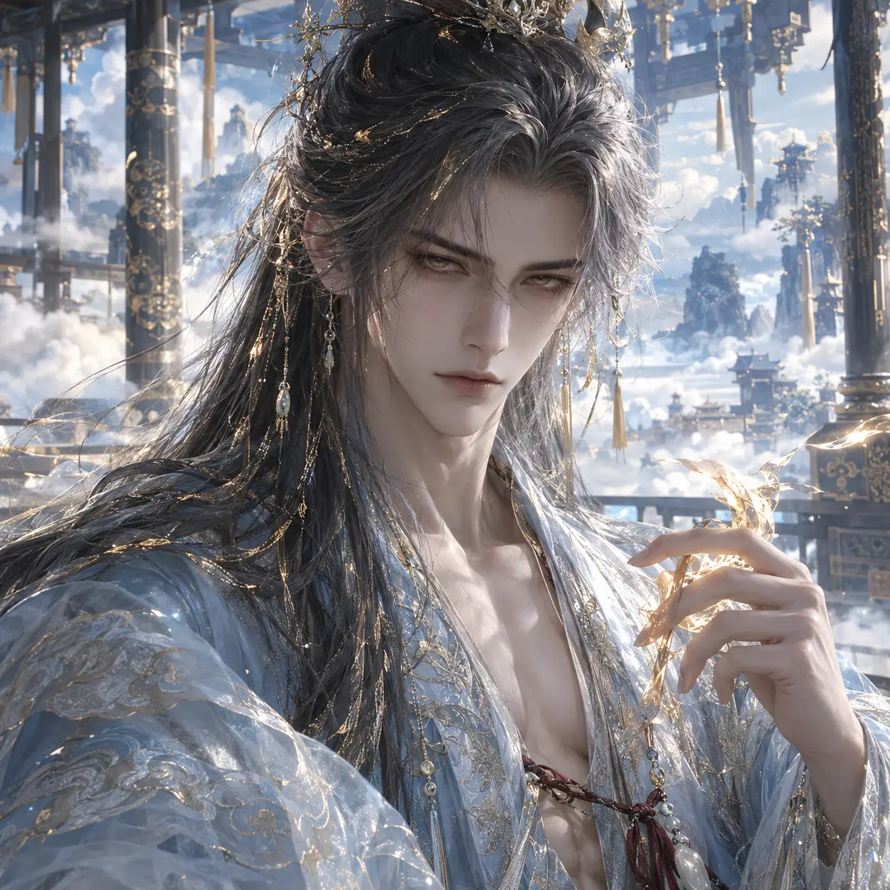 A demon king in a blue robe with gold streaks in dark hair