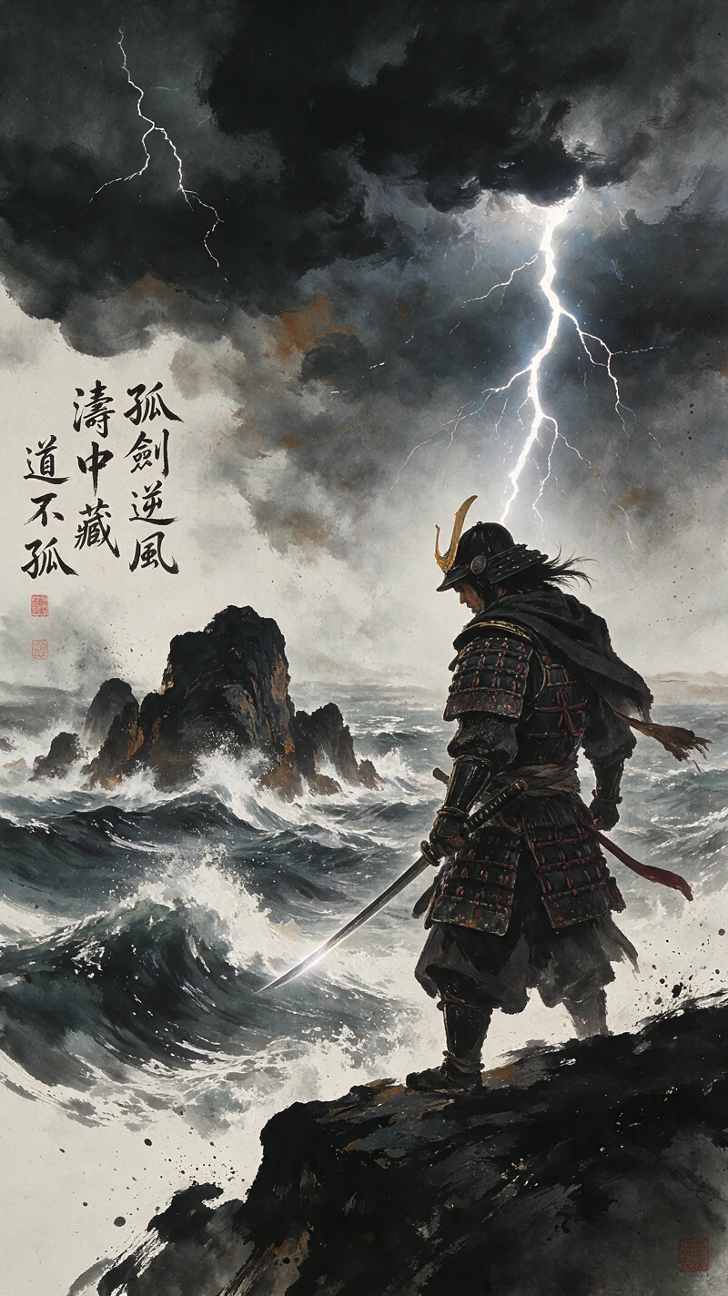 A lone samurai faces a stormy sea from a rugged cliff