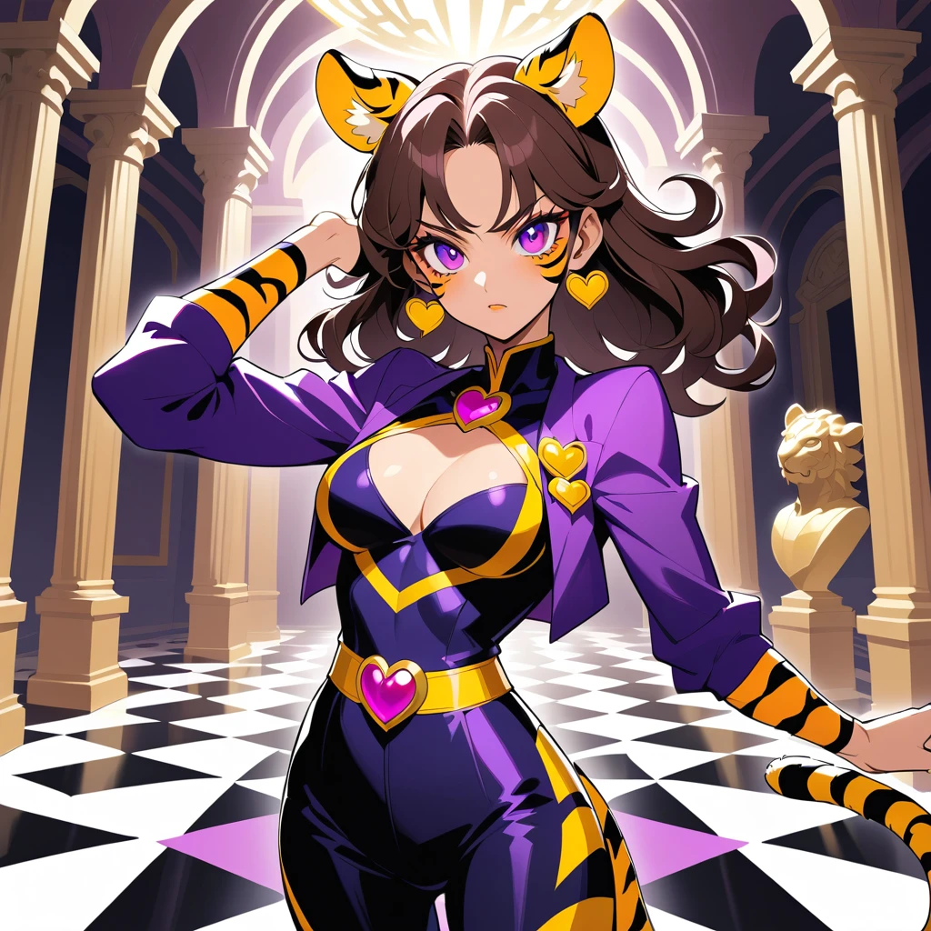 Una mujer tigre de anime posa como en una pasarela en una villa espectacular