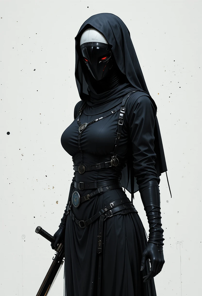 Masked anime nun assassin wields a broad fantasy sword in a hellish setting