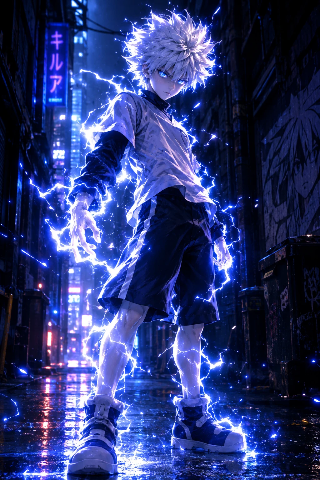 Un personnage d’anime aux cheveux argentés entouré d’éclairs dans une ruelle urbaine sombre