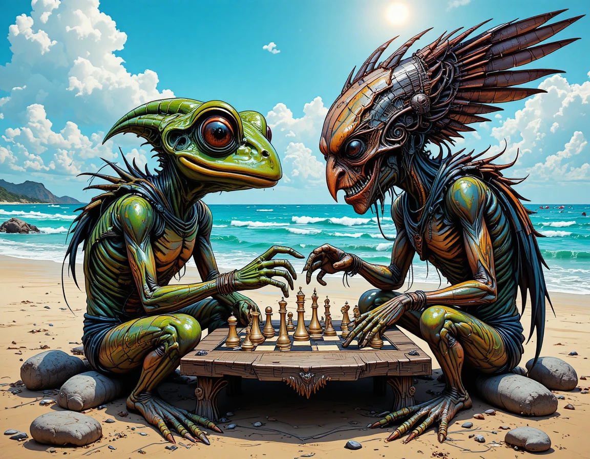 A frog-headed alien plays chess with an eagle-headed humanoid on a beach