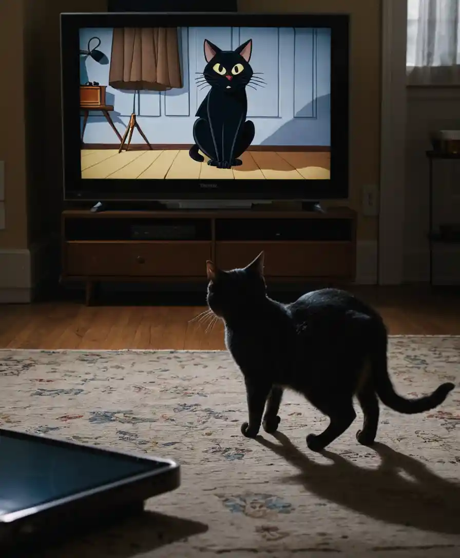 A black cat prowls through a dark living room