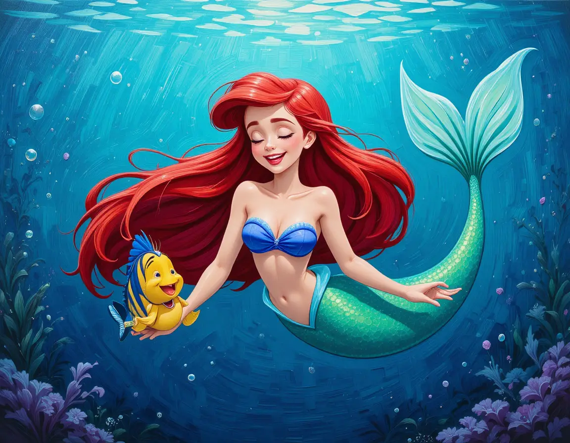Ariel Swims With Flounder Through A Deep Blue Underwater Scene
