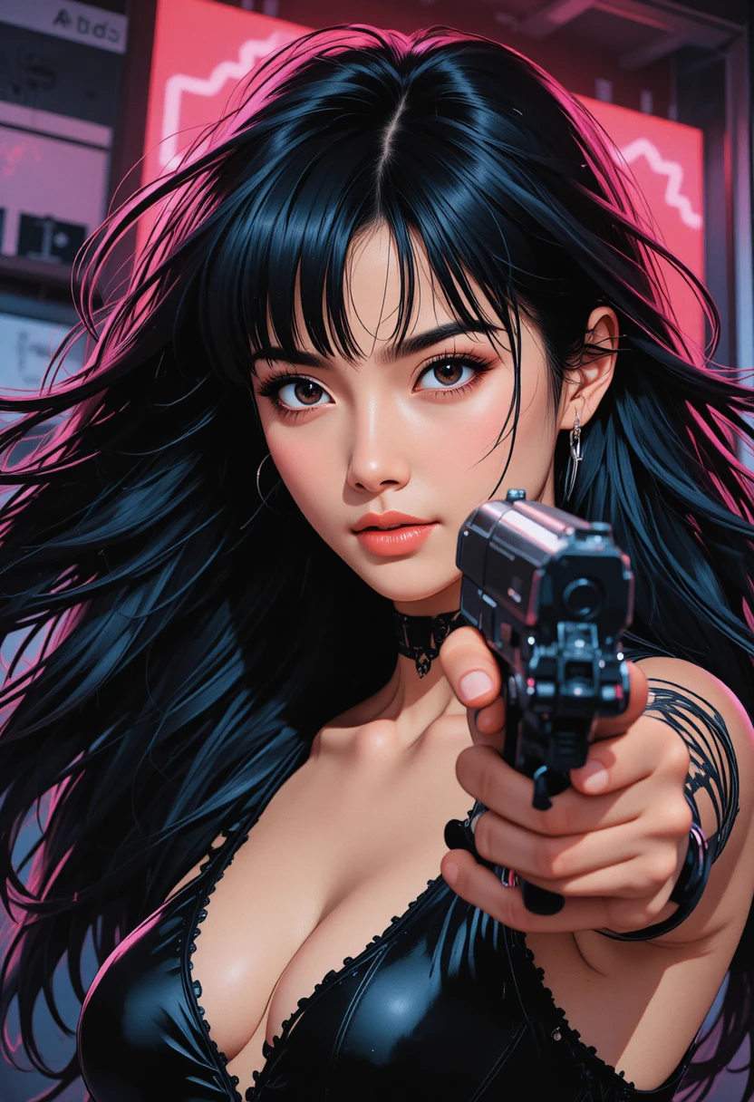 Retrato manga de una mujer japonesa apuntando con un arma al espectador