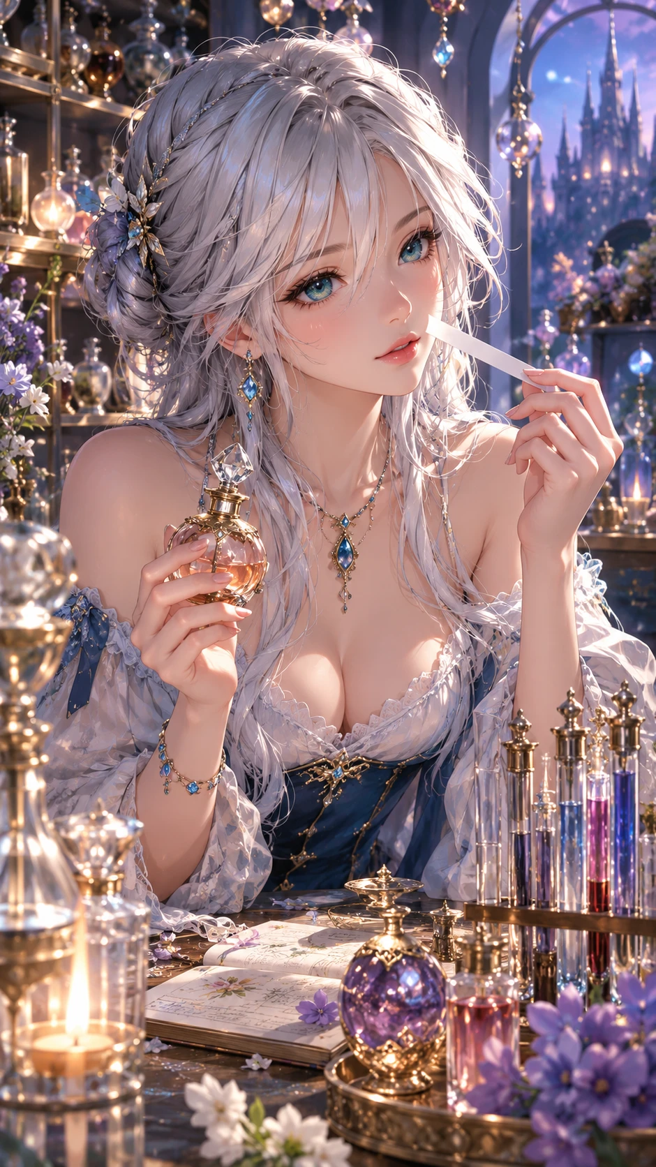 Una joven prueba perfumes en un atelier de fantasía